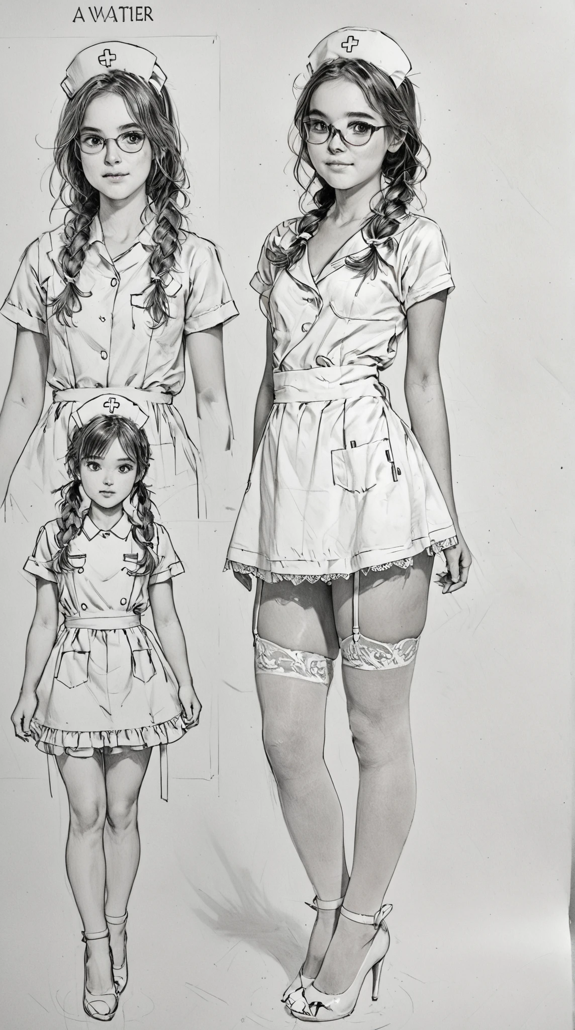 （sketch）（Cartoon characters），（Three View），（same height），（front，side，above）