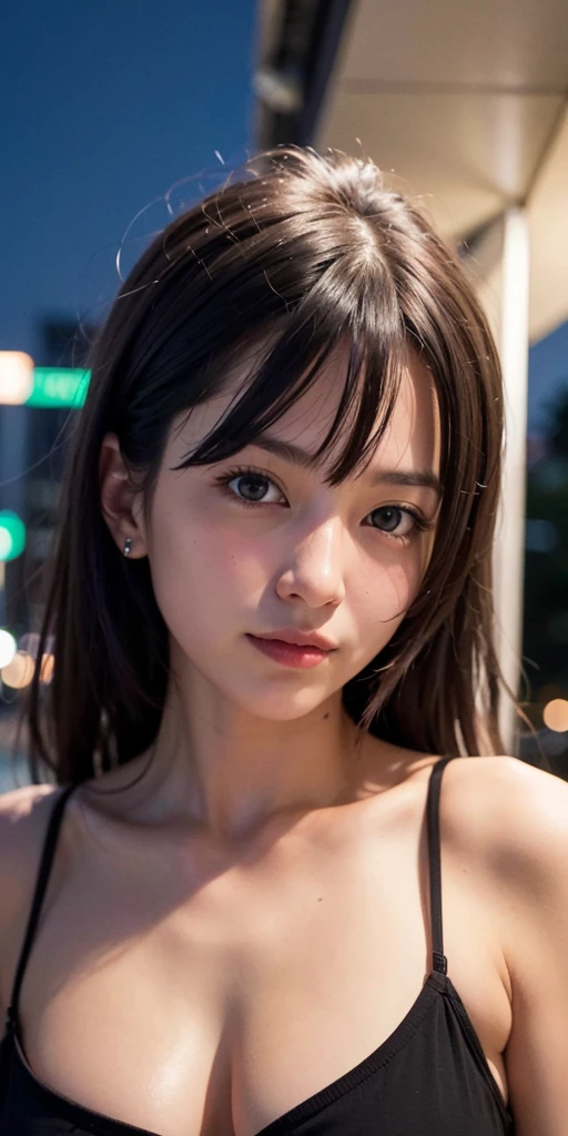 1 Girl, Tokyo Street,night, Streetscape,City lights,Upper Body,close,smile,, (8K, Raw photo, highest quality, masterpiece:1.2),(Realistic, photo-Realistic:1.37),