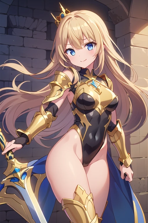 Very detailed、highest quality、Best image quality、masterpiece、8k、Anime Face、A kind smile、Open your mouth、Sparkling blue eyes、(Blonde wavy hair:1.5)、、Muscles of the whole body、camisole、Thigh belt、mini skirt、(Wearing gold bikini armor:1.5)、(Cowboy Shot:1.5)、(Leg armor:1.5)、(Wearing a helmet:1.5)