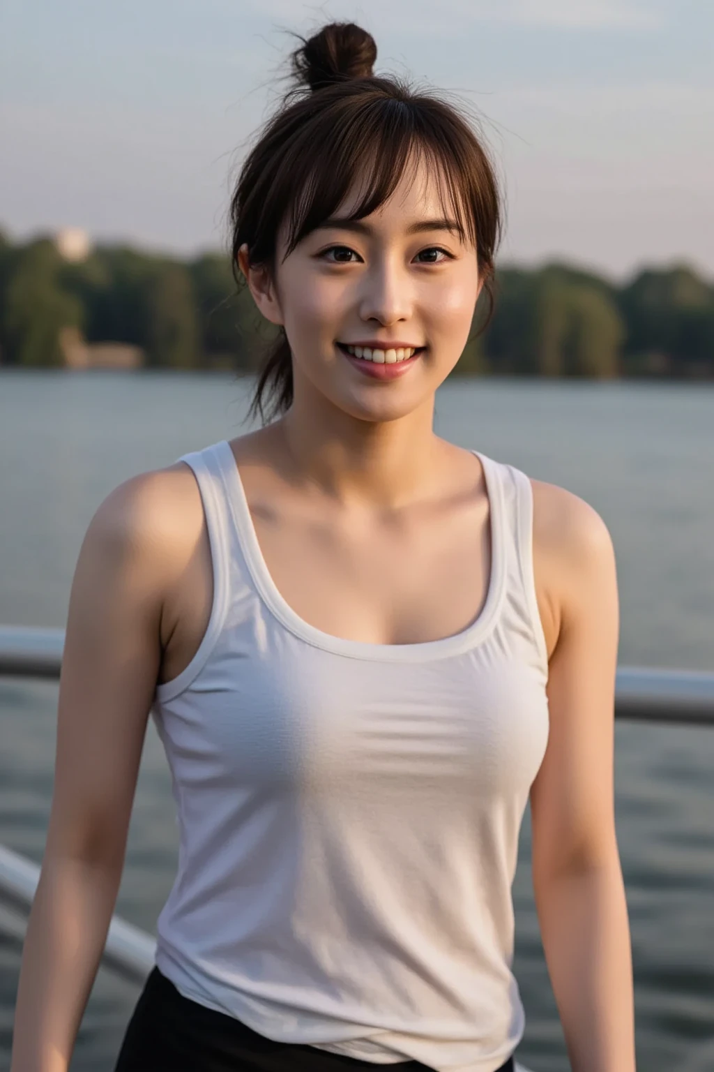 ((Best quality, 8k, Masterpiece :1.3)), 1girl, Pretty woman with emphasizing slender abs:1.3, small breasts, very thin waist, (random hairstyles:1.2), Oversized tank top:1.2, Ultra-detailed face, Detailed eyes, Double eyelid