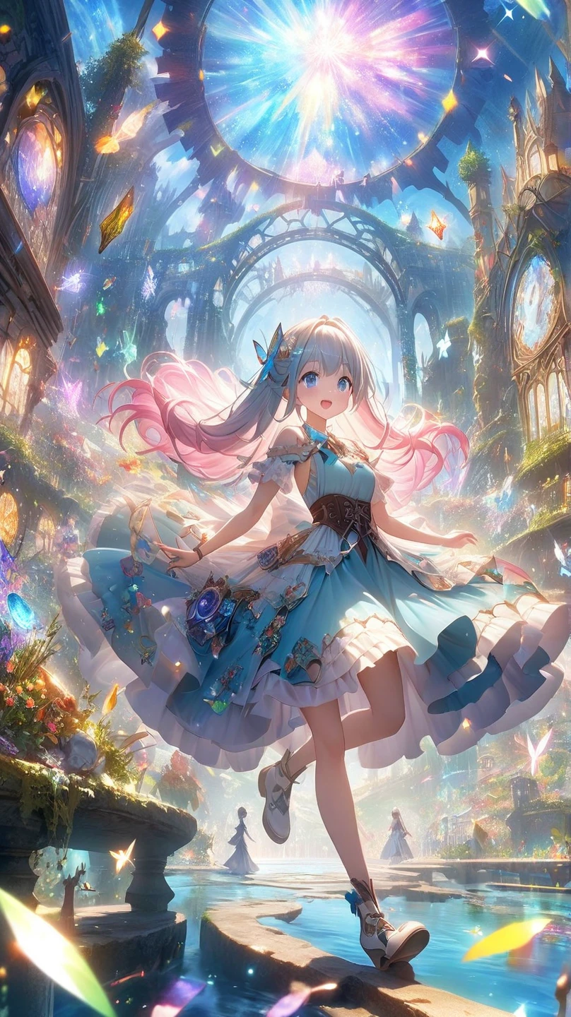 masterpiece, best quality, extremely detailed, (illustration, official art:1.1), 1 girl ,(((( light blue long hair)))), ,(((( light blue long hair)))),light blue hair, , long hair ((blush)) , cute face, big eyes, masterpiece, best quality,(((((a very delicate and beautiful girl))))),Amazing,beautiful detailed eyes,blunt bangs((((little delicate girl)))),tareme(true beautiful:1.2), sense of depth,dynamic angle,,,, affectionate smile, (true beautiful:1.2),,(tiny 1girl model:1.2),)(flat chest) ,((Fireworks display seen from a higher place:1.5)),(Lots of 10-shakudama fireworks fill the sky:1.53),Fireworks display beyond imagination,innocent smiles,Girl in the sky,Never seen,Seven colors,(1girl in),(Cute smile),(The clothes are intricate dresses with a white base:1.4),(Lots of light particles spin around the girl) ,(Best Impact:1.5), (maximalism:1.7),,Vivid contrast, (Realistic),,hyperrealistic illustrations,,hight resolution,,ultra-detailliert,,absurderes,(Fractal Art:1.3),Braided hairstyle,Gradient long hair,FULL BODYSHOT,Photographing the sky from below,Precise focus,randome pose,cinema4d,Drama