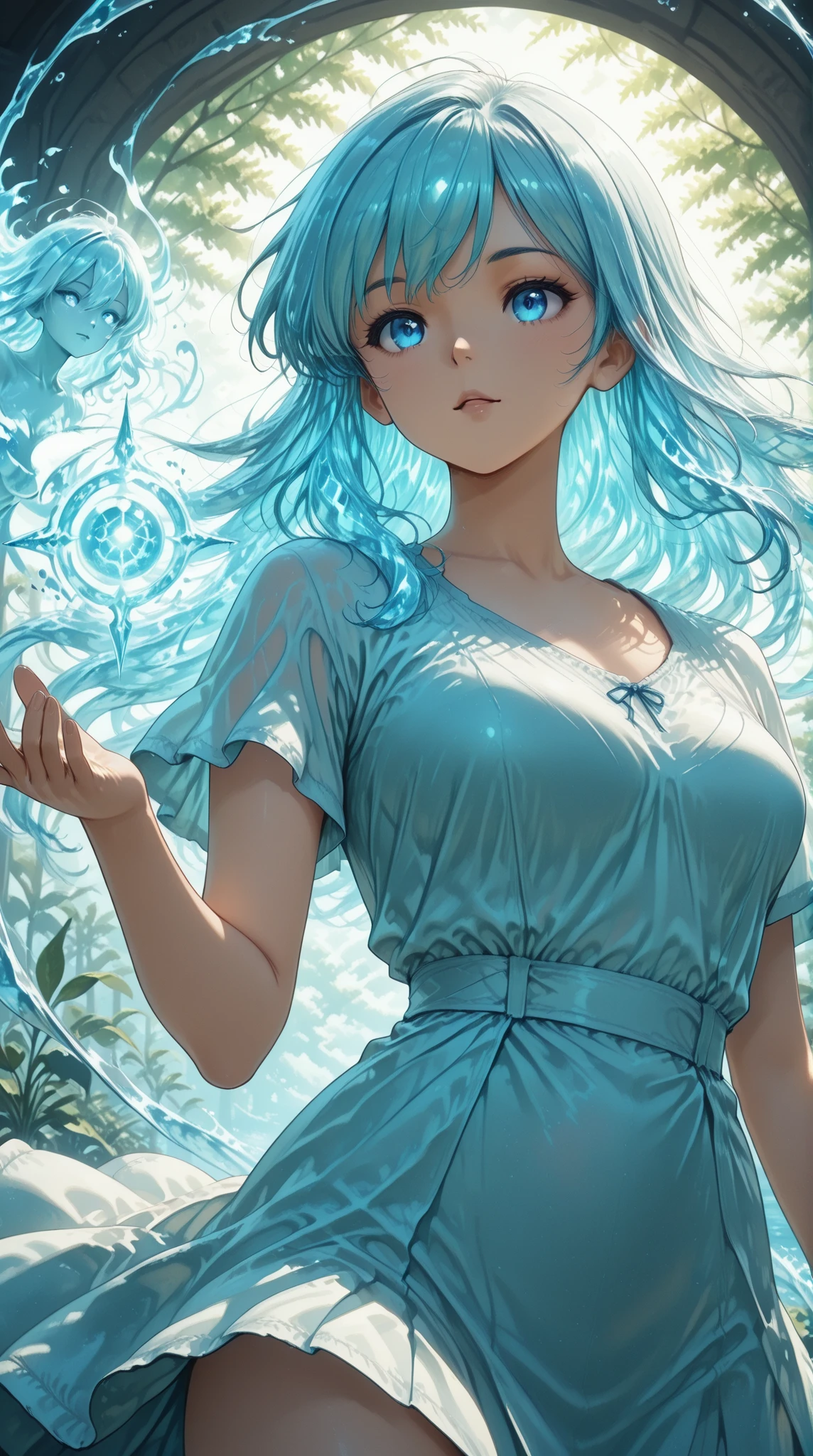 score_9, score_8_up, score_7_up, masterpiece, source_anime,water spirit undine, cinematic dramatic lighting, detailed facial features, detail eyes, iris,flowing water-like dress, serene expression, magical aquatic creature, ethereal underwater environment, glowing bioluminescent plants, sunlight streaming through waves, photorealistic digital painting, vibrant colors, intricate details, 8k, hdr, physically-based rendering,water light, Highly transparent hair,spell magic,water magic effect ,in a dynamic motion ,1980’s anime style 