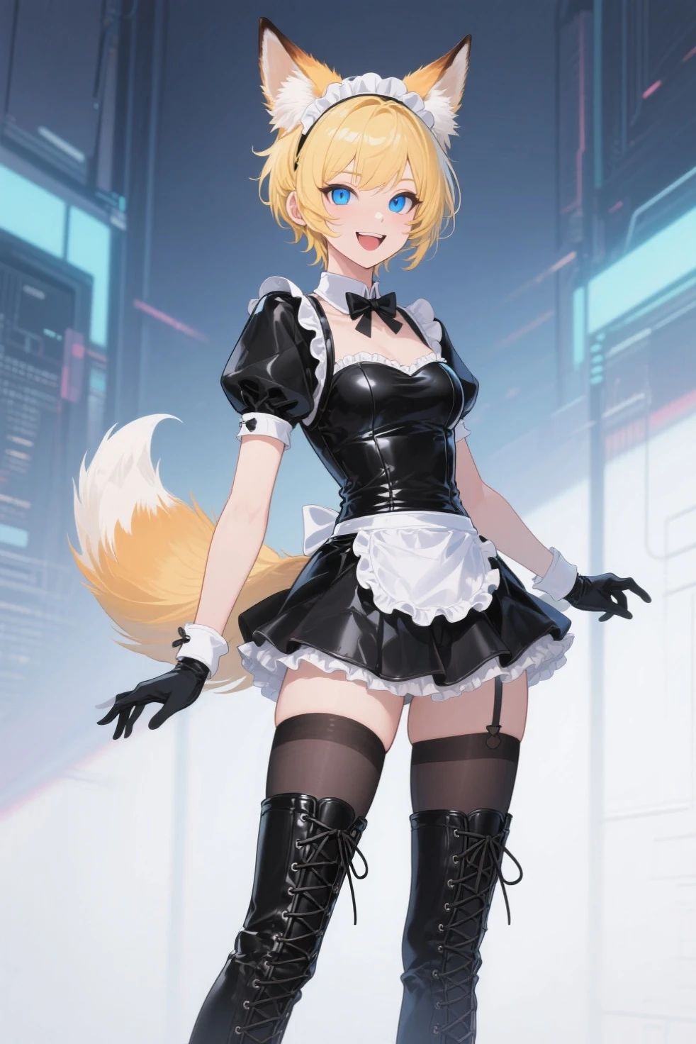 A woman in a maid outfit with fox ears and a tail riding a motorcycle