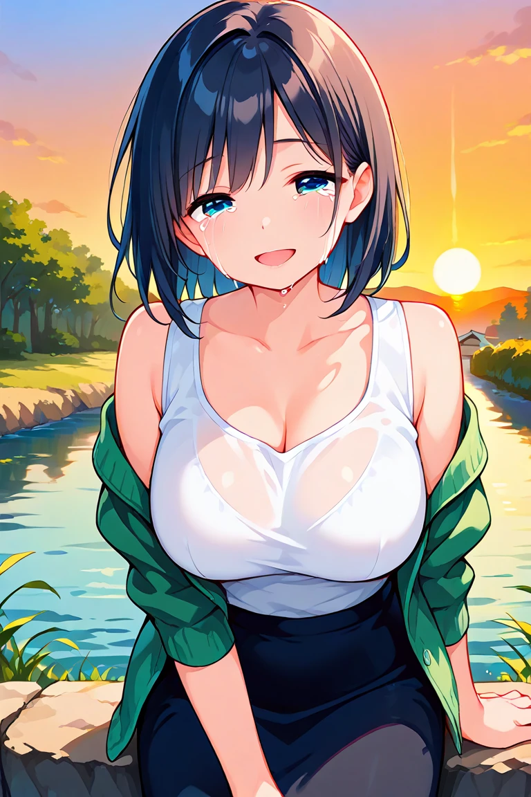 Best quality, high detailed, 8K quality, 4k resolution, stunning japanese girl, short hair, necklace and piercing, gorgeous face, huge breast, curvy body, wearing Erotic Camping: Thermal base layers, outdoor pants, and a moisture-wicking shirt with a fleece jacket, playful expression, pose with both hands, random hairstyle