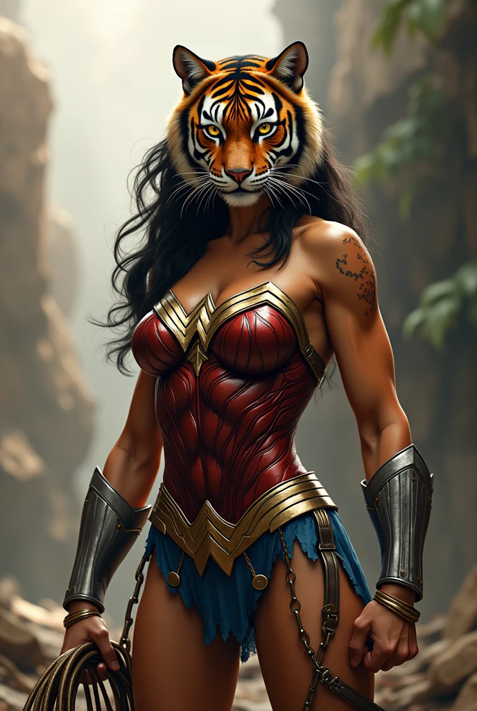 Closeup of a woman with cat ears on her head ,Um corpo, mulher em forma, mulher musculosa, muscular character, feminino e muscular, modelo fitness,(( cabelo preto longo liso detalhado)), corpo forte, personagens musculosos, rasgado, strong arms, Estilo de anime 3D realista, Muscles, Muscle, muito lindo. large muscles, fisiculturismo mulher, Cropped shirt and strong abdomen look like wonder woman from afar, looking into the camera hugging her wild animal, a giant tiger;, Mutante vermelho enorme com sua cauda em chamas.
