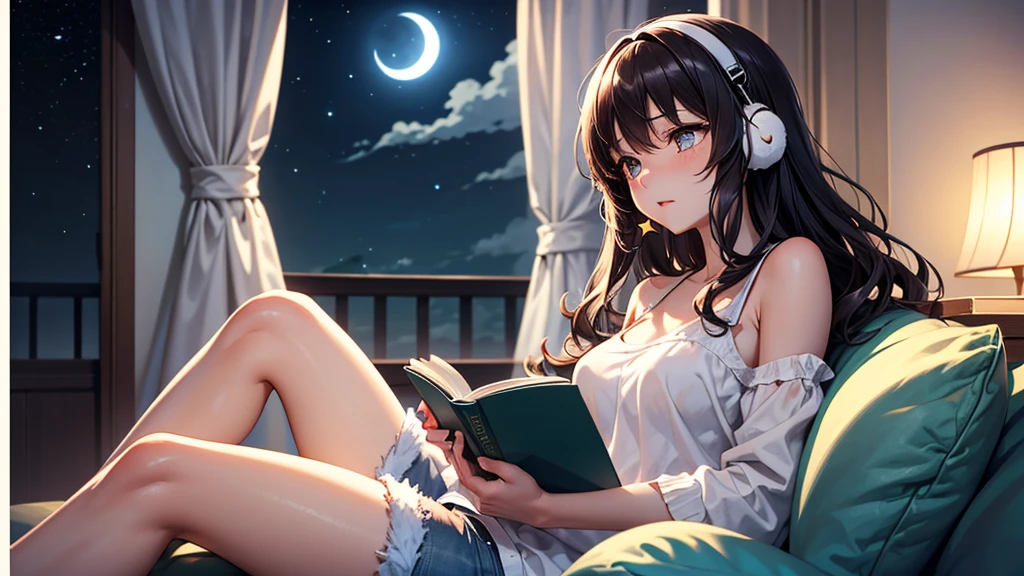 ((highest quality)), Girl with headphones,Reading in the study,Outside the window is night,Shorts