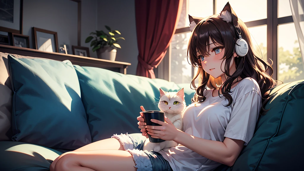 ((Highest quality)), ((masterpiece)), (detailed), A cute cat-eared girl, close your eyes, indoor, sofa,