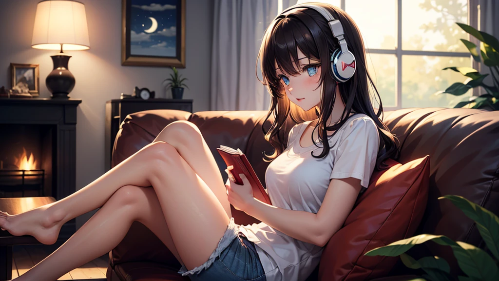 Girl with headphones enjoying music in a cafe I am studying Emphasize a little bit of the chest