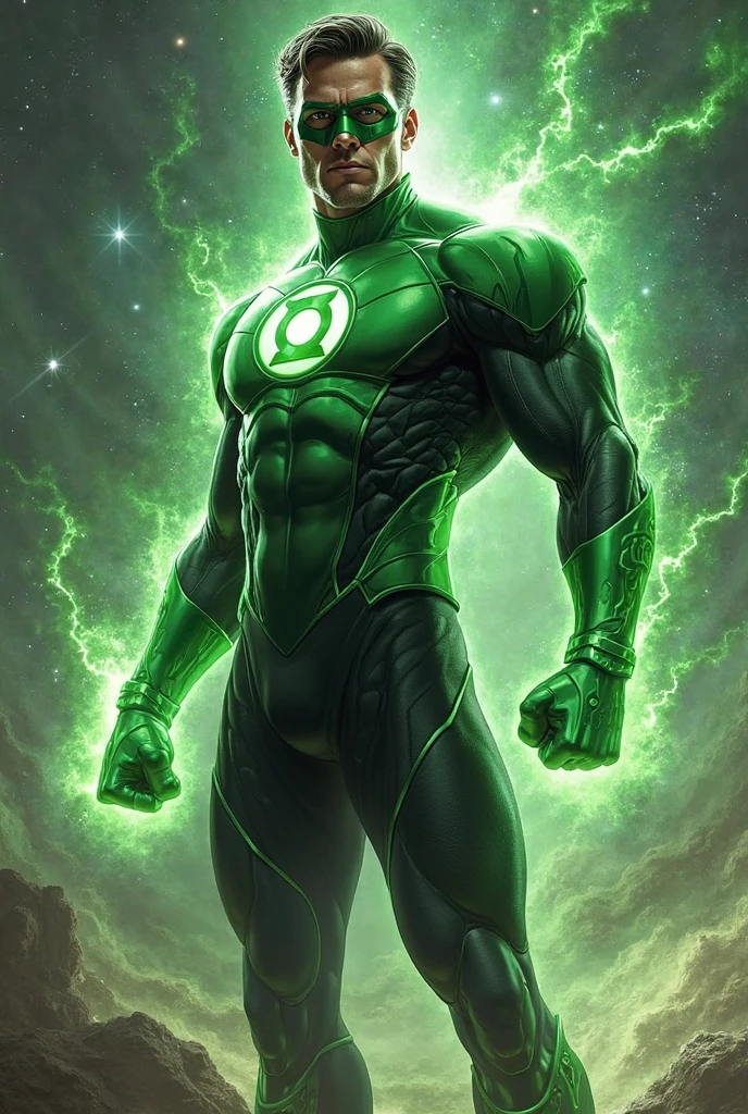 The Green Lantern, cinematic, hyper-realistic, photo, detailed skin, hdr, cinematography, rain, criminals next door, dark street, rabid dog