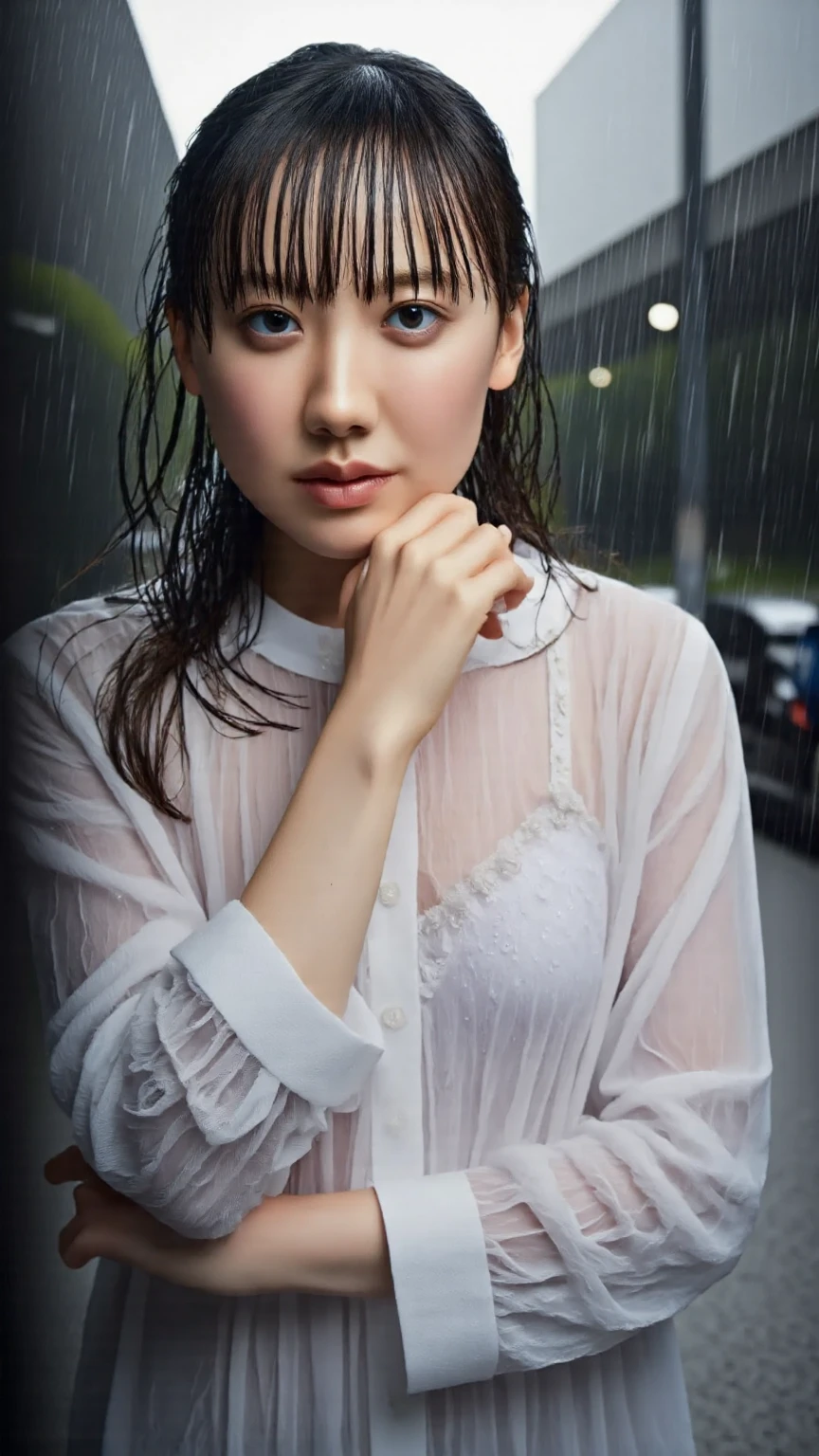 Best Image Quality, masterpiece, Ultra high resolution, (loyalty :1.4), Skinny Japanese woman, 1 girl, detailed face, detailed eyes, correct human body structure, dim, Dark, Tears, Tearsdrop, (White shirt), (wet soaked clothes:1.4), bare shoulders, wet hair, torrential rain, in the forest,