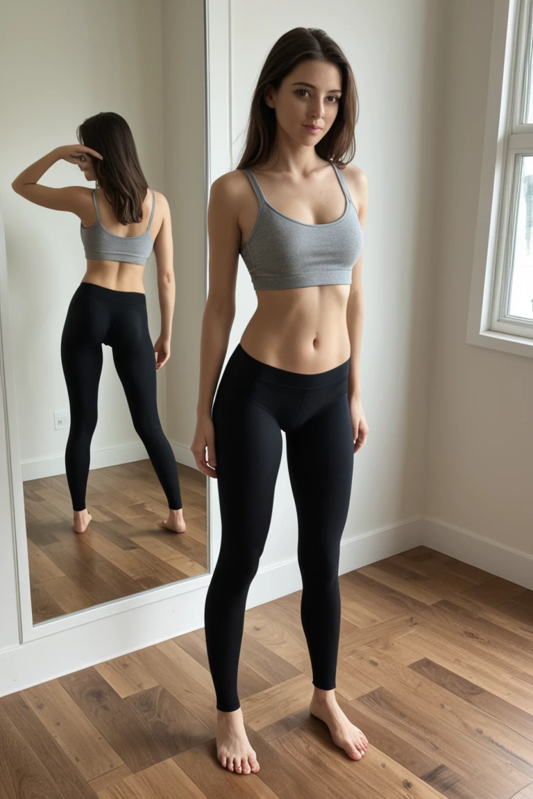 (ultra realistic, highly detailed:1.4), best quality, masterpiece
girl, hands behind back, loose gray sweatpants, tank top, cleavage,
((longtorso, ltso):1.35), tall