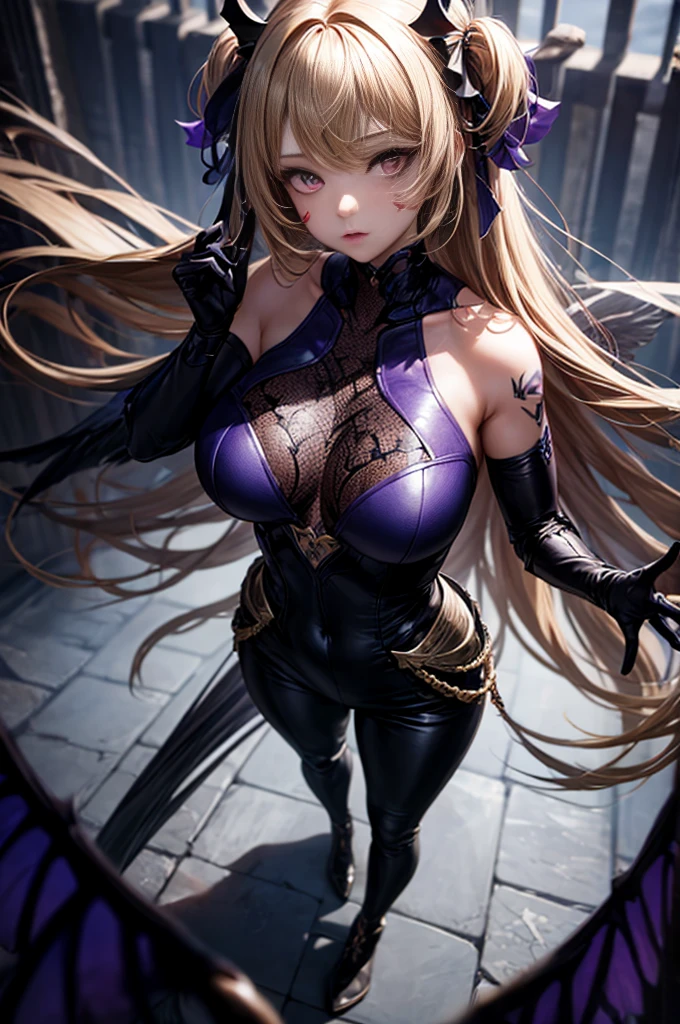 Young girl, (masterpiece, sensual, high resolution), blonde twin tail , (skimpy Purple dress :1.3) with a seductive design , black ribbon, seductive pose , perfect anatomy, (captivating gaze:1.2), (flowing raven hair:1.1), (delicate makeup:1.2), fischldef, (soft natural lighting:1.2), (intimate atmosphere:1.1), (subtle background:1.1), highlighting her curves, (medium but firm and soft buttocks:1.3), (perfect angle:1.5) , (alluring expression:1.1), (exquisite composition:1.1) Cinematic, Hyper-detailed, insane details, Beautifully color graded, Unreal Engine, DOF, Super-Resolution, Megapixel, Cinematic Lightning, Anti-Aliasing, FKAA, TXAA, RTX, SSAO, Post Processing, Post Production, Tone Mapping, CGI, VFX, SFX, Insanely detailed and intricate, Hyper maximalist, Hyper realistic, Volumetric, Photorealistic, ultra photoreal, ultra-detailed, intricate details, 8K, Super detailed, Full color, Volumetric lightning, HDR, Realistic, Unreal Engine, 16K, Sharp focus, fantasy, shiny bright surface, shiny skin, huge ass, side boob, smile, twin tails, purple theme, purple skirt, bright blonde hair