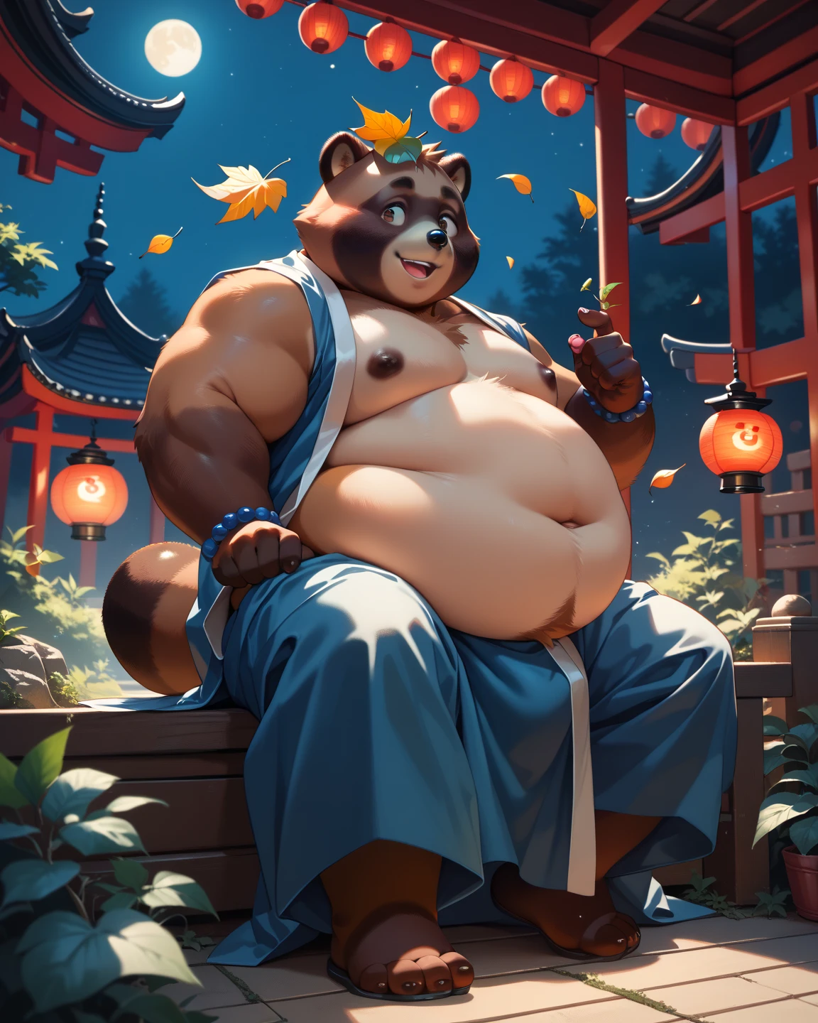 (cute, fat, obese, anthro, male, dog cub), cartoon confused, golden ratio, style of studio ghibli, fantasy background, nude, brown shorts, brown vest, squatting position, two-tone fur, fantasy background, detailxl