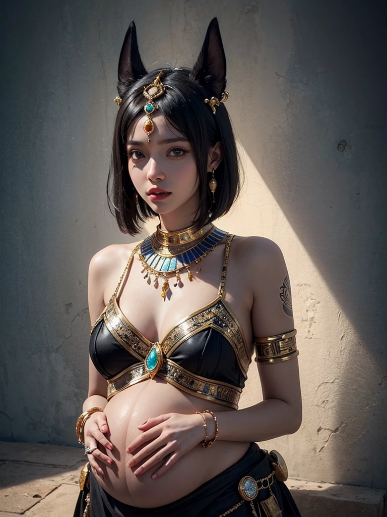 girl with long hair,  realistic, photorealistic , photorealistic girl render, photorealistic, high resolution, soft light,1women, solo, wide hips, shining skin, (detailed face), A woman wearing an idol of the god Anubis on her head, jewelry, tattoo, Egypt style