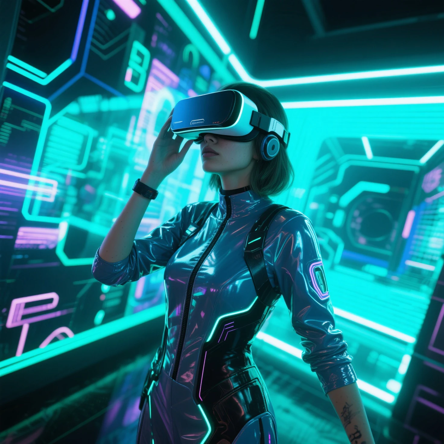 ((best quality)), ((​masterpiece)), (muito detalhado:1.3), 3d,Full body portrait,RFKTR_technotrex, Beautiful cyberpunk woman,(Wearing a bulky, high-tech head-mounted display with neon lights:1.2),wear a cloak,Computerhacking,Computerterminals,soft glow of neon lights,microelectronics,computer servers, LCD screens, Fiber optic cable, corporate logos,Vivid colors,HDR (High Dynamic Range),Raytracing,nvidia RTX,Super-Resolution,Unreal 5,Subsurface scattering,PBR Texturing,Post processing,anisotropic filtering,depth of field,Maximum clarity and sharpness,Multilayer textures,Albedo and gloss maps,Surface shading,Precise simulation of the interaction between light and matter,proporções perfeitas,octane render,two tone lighting,low ISO,White balance,Rule of thirds,wide aperture,8K RAW,efficient sub-pixels,sub-pixel convolution,luminescent particles,light scattering,Tyndall effect