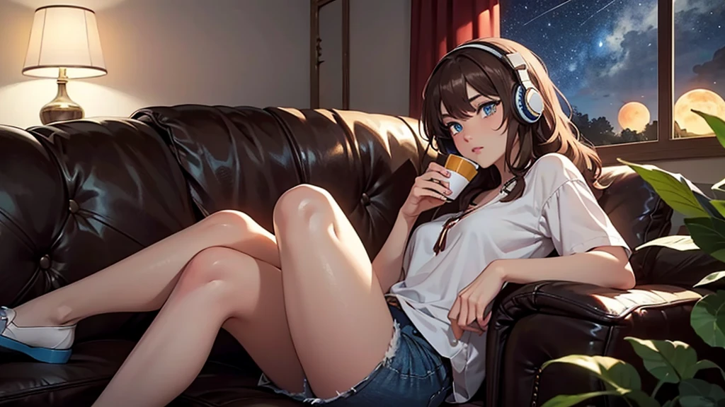 Girl with headphones enjoying music in a cafe I am studying Emphasize a little bit of the chest