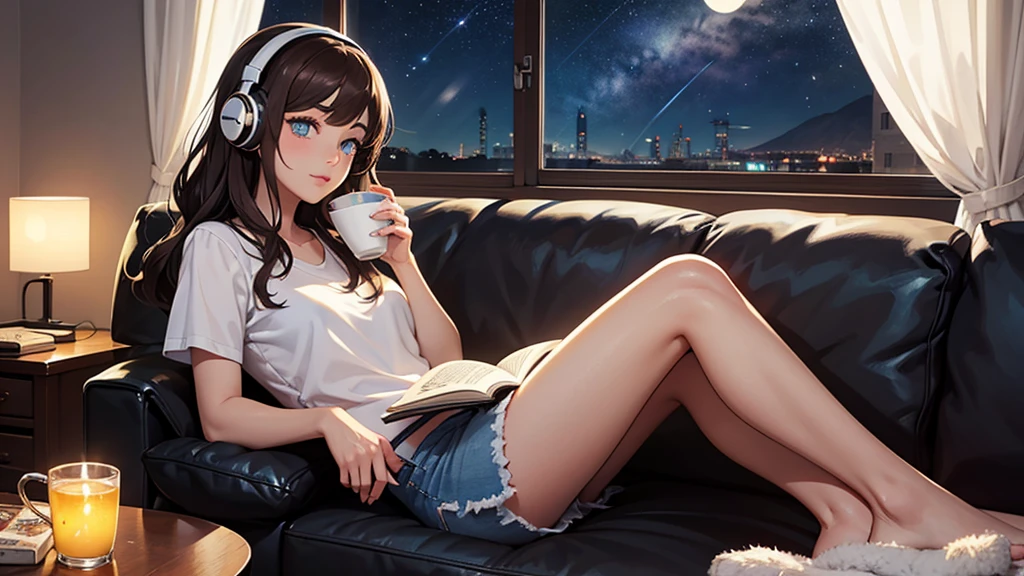 Singular light, alone, woman, cosmic, fantsy, looking away:1.4, adult, busty, Ghibli-like design, living room, sitting, dark hair, studying, face seen from the side, Completely sideways,landscape orientation, side view, bar