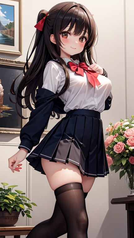 masterpiece, High resolution, high quality, Very detailed, Red mini skirt, Black Ribbon, White shirt,White panties