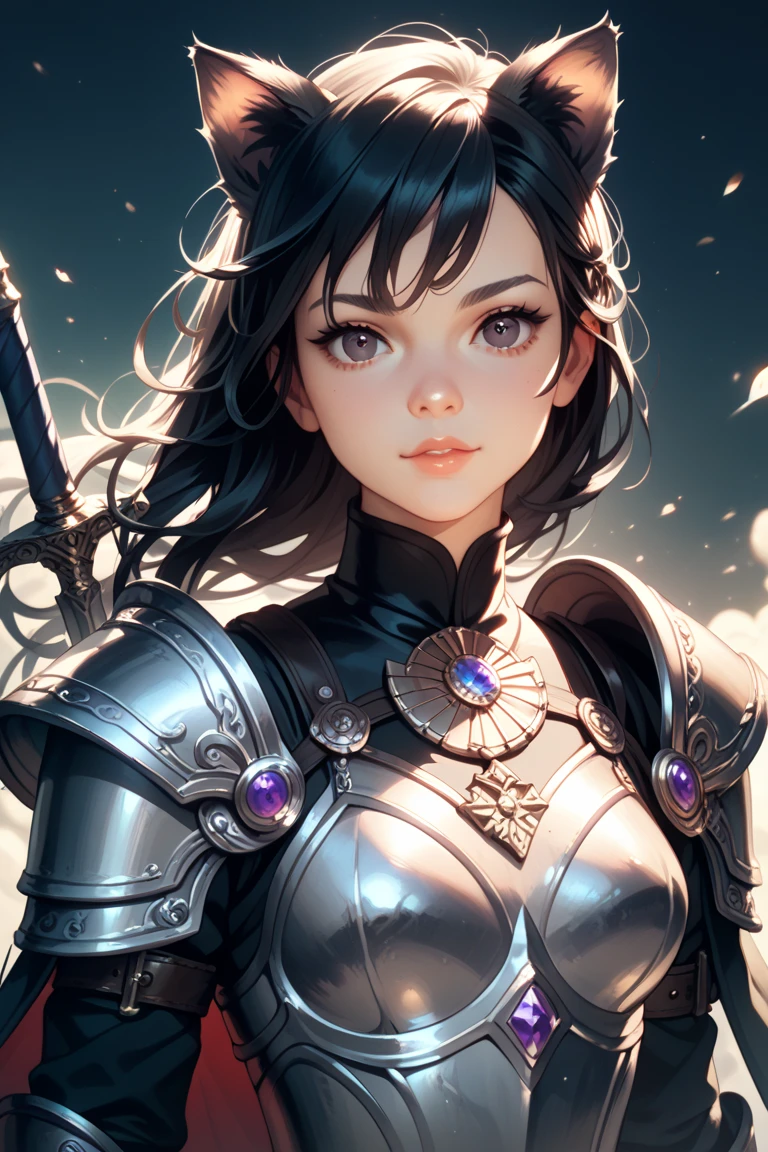(8K, RAW Photos, Highest quality, masterpiece: 1.2), (Very delicate and beautiful face), (Beautiful eyes in every detail),Upper Body,A woman with wavy black hair and purple eyes, Black alien armor, blush,eye shadow, Cute face
