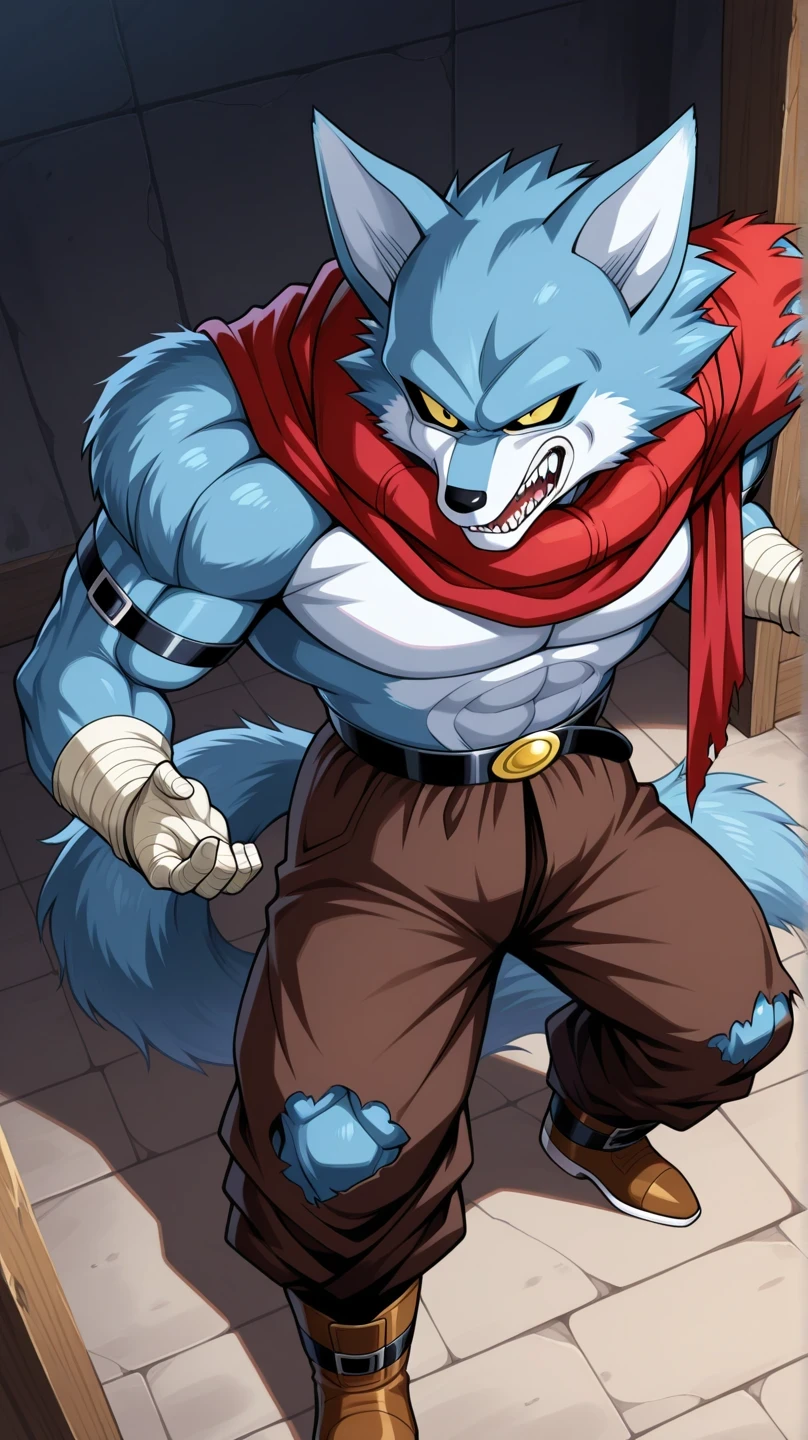 Masterpiece,better quality,amazing quality, 1 , Alone , b3rg4m0, wolf boy,  blue fur, colored sclera shoulder pads,  torn pupils , red scarf, Arm belts , bandaged arms,  black belt, brown pants,  brown boots , wolf tail,  cuerpo completo, Bergamo ( Dragon Ball Super) macho furry, detailed yellow eyes, Detailed Fur, wolf tail 