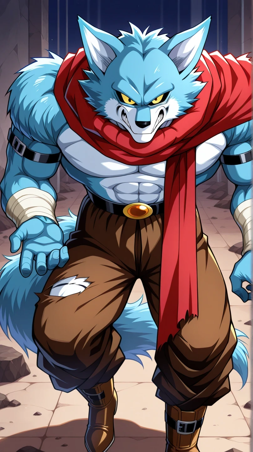 Masterpiece,better quality,amazing quality, 1 , Alone , b3rg4m0, wolf boy,  blue fur, colored sclera shoulder pads,  torn pupils , red scarf, Arm belts , bandaged arms,  black belt, brown pants,  brown boots , wolf tail,  cuerpo completo, Bergamo ( Dragon Ball Super) macho furry, detailed yellow eyes, growling