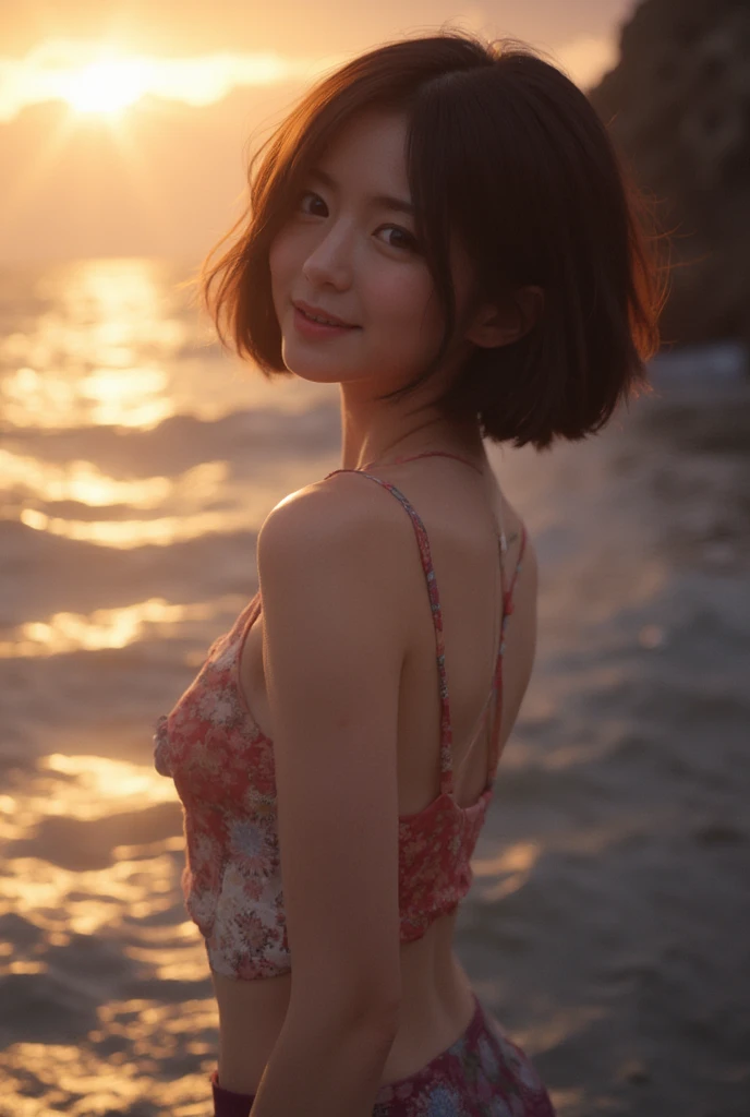 (photo taken:1.2)、(Photoreal:1.4)、(masterpiece:1.3)、(最high quality:1.4)、超A high resolution、(detailed eye)、8k, (Surrealistic: 1.35), (realistic: 1.4), one beautiful japanese girl, smile, One, light makeup, masterpiece, excellent quality, high quality, puberty, (((Completely naked)))、 ((perfect body)), ((best image quality)), ((time)), ((very delicate and beautiful)), ((very shallow depth of field)), nffsw, ((incredibly shallow depth of field. familiar with)), (((very delicate and beautiful))), (((very shallow depth of field))), nffsw, (((incredibly absurd))), (((perfect body))), (((black bob cut hair )))), (((long hair)))), (((camera eye))), (((small))), (((happy and best smile))), poor, Own + background, dynamic angle, female focus, {particles of light}, detailed background, ((paul hedley)), soft lighting, (dramatic) sunset), sunset, very beautiful sunset, live action, realistic, top angle, cute smile, (background blur), 18-year-old, skinny, ((strong wind)), ((movement ))), ((emotion)), ((colorful)), ((baby face)), ((beautiful teeth)), wither, ocean background、Shots from the knees up