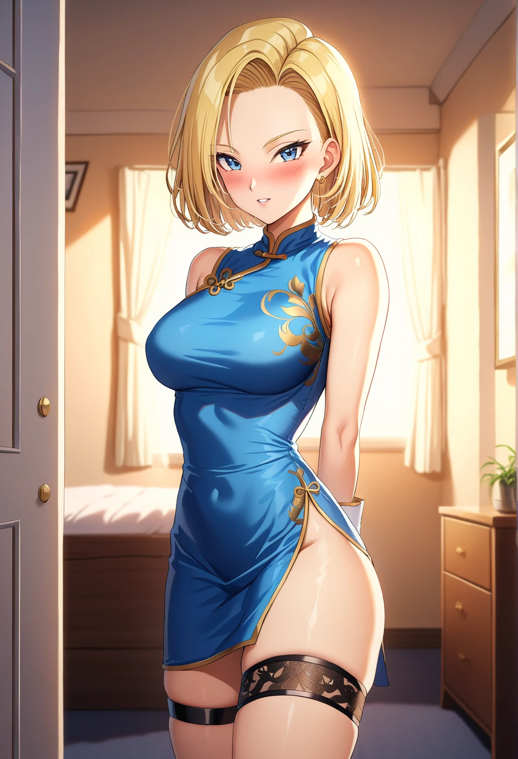 sorceress wearing a blue dress and pink panties, blonde bobcut, gorgeous woman, nipple