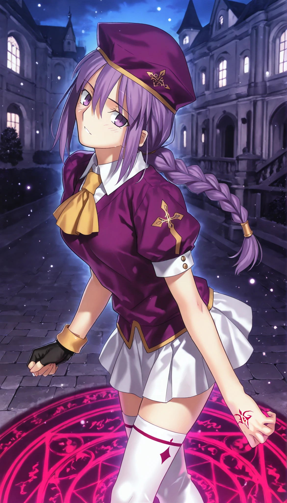 masterpiece, , absurdres, highres, detailed background, high resolution, masterpiece, necessary, detail, best quality, quality, necessary, details, High details, Precise, dark, outdoors, (colorful light particles, powder light, mansion), lens flare, blurry background, from behind, from above,
1girl, Takeuchi Takashi (type-moon,tsukihime) style, takeuchi takashi style, (aged up:1.5), (walking), leaning forward,
girl, (mature, slender body, slim arms, slim bod), (Sion) Eltnum (Atlasia) ,sion eltnam atlasia,(fate), purple hair , purple eyes, half-closed eyes, tsurime, hair between eyes ,long bang, long hair , braided hair , braided ponytail , yellow ribbon , EltnumOutfit ,small breasts, light purple sweater ,puffy short sleeves, collared undershirt , white undershirt , undershirt , yellow ascot ,(short sleeve), ,white skirt ,miniskirt , gold trim ,white thighhighs ,single glove ,fingerless glove, black glove ,dark purple beret, ,((head tilt)), looking back,(small breasts), touching magic circle,