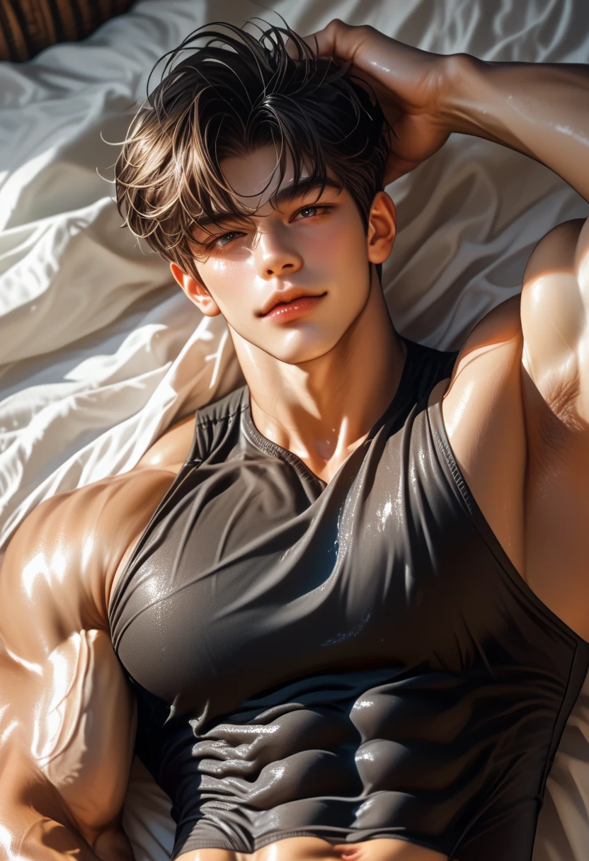 A young boy with white hair，fair skin，handsome，The triangle briefs are wet, so I took half of them off.，裸上半身Soaked in milk，Showing six-pack abs and chest muscles with water droplets on them，Soaked in milk，纖細長腿Soaked in milk，The bottom highlight is very large and dripping，Soaked in milk，Tilting their head back, they wore an expression of comfort.，hands on the floor，covered in milk，There&#39;s milk on your face too，身上Soaked in milk

