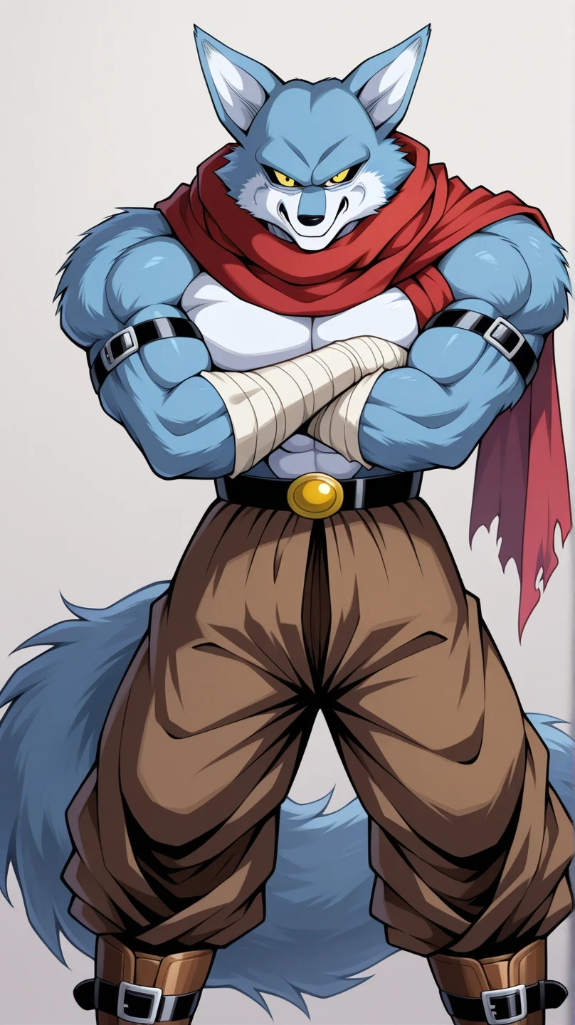 Masterpiece,better quality,amazing quality, 1 , Alone , b3rg4m0, wolf boy,  blue fur, colored sclera shoulder pads,  torn pupils , red scarf, Arm belts , bandaged arms,  black belt, brown pants,  brown boots , wolf tail,  cuerpo completo, Bergamo ( Dragon Ball Super) macho furry, detailed yellow eyes, growling