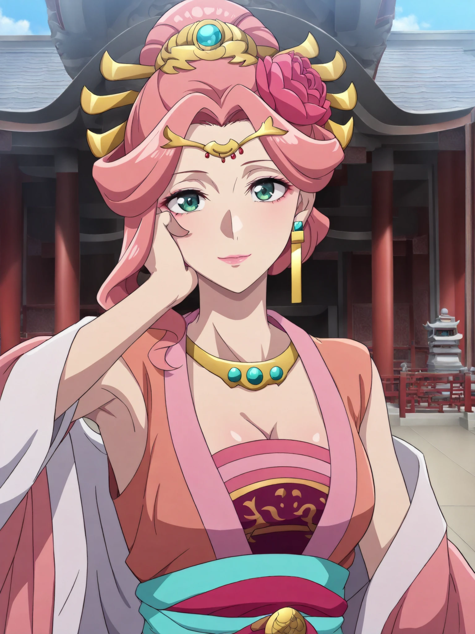 sleeveless,armpits,cleavage,masterpiece, best quality, great quality, Very aesthetic, intricate details, very detailed background, 1 girl, solo,
KJogyokuYou , pink hair from 2nd floor, green eyes, half up, Hair Flower, hair ornament, single side lock, pink lips, hair bun,earrings, necklace, pink hanfu , light blue sash ,Put Your Hands on Your Face, deep, light smile, , watch viewers,
palace, East Asian Architecture, Outdoors, day, (beautiful, medium breasts:1.2), mature women who are rebellious to me,