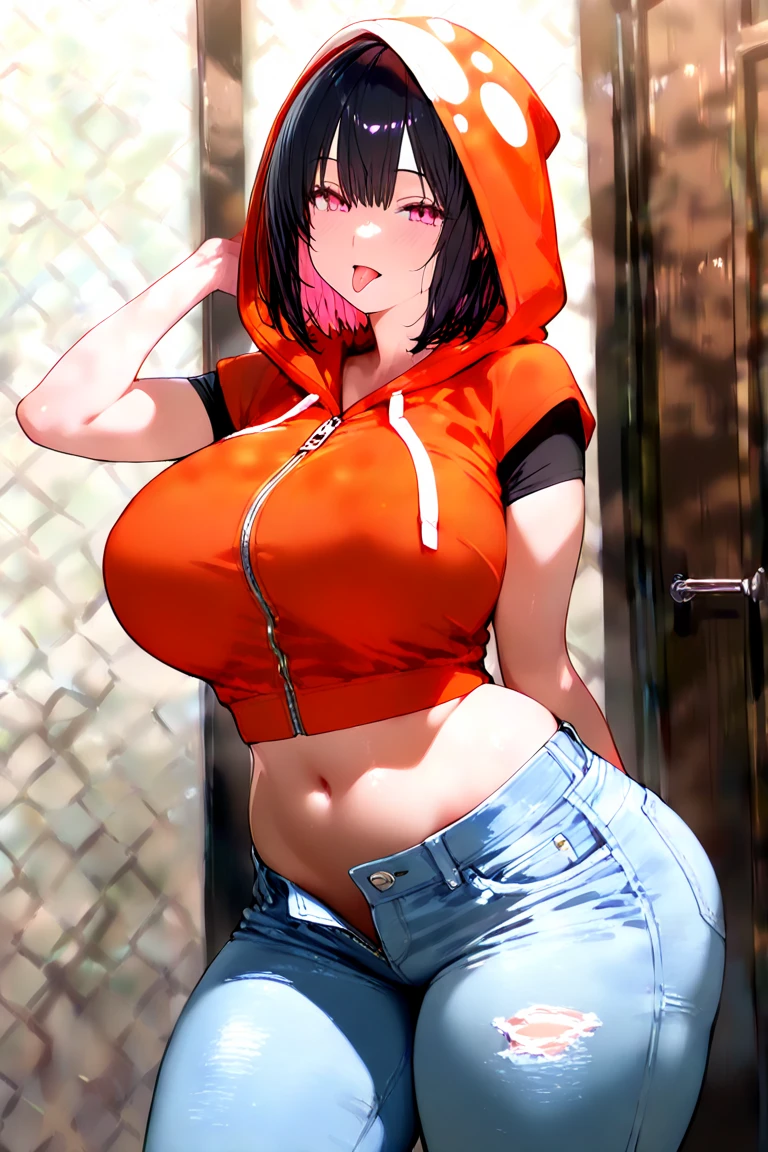 Mature Anime Woman, Red Hair, Pink Hoodie, Wide hips, Big Round Butt, Big Luscious Titties