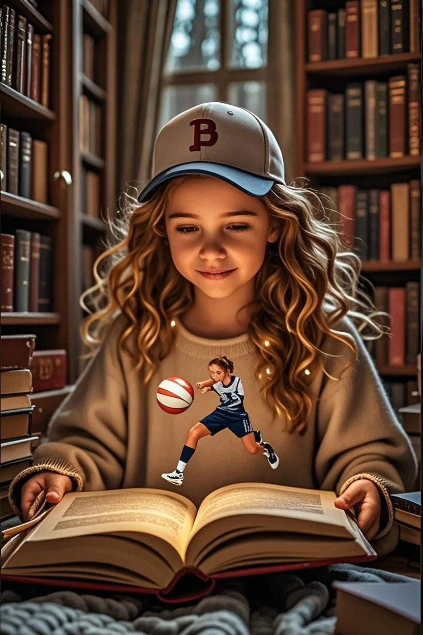 ALEXANDRA a 10-year-old girl with curly brown hair, wearing blue jeans, pink flannel and black converse-style shoes, reading a big old book, cartoon style, water color, pastel colors, colorful