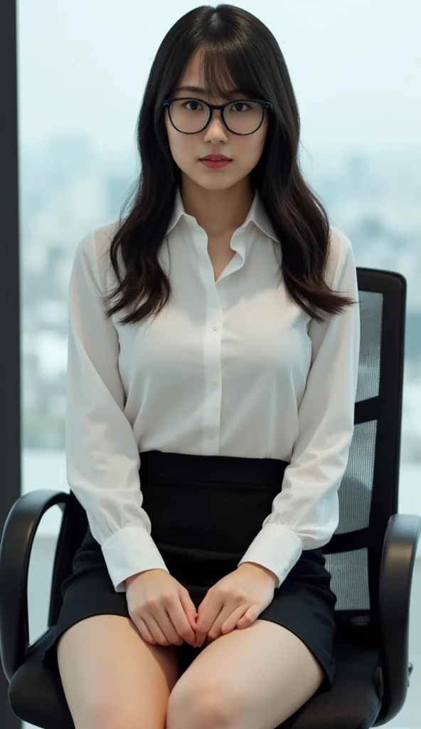 A 57-year-old asian women that is still very beautiful.,white skin, Height 160, Slim like a middle-aged woman, but still considered a beautiful figure., full body, Wear work clothes, In the office, 4K, high definition, realistic