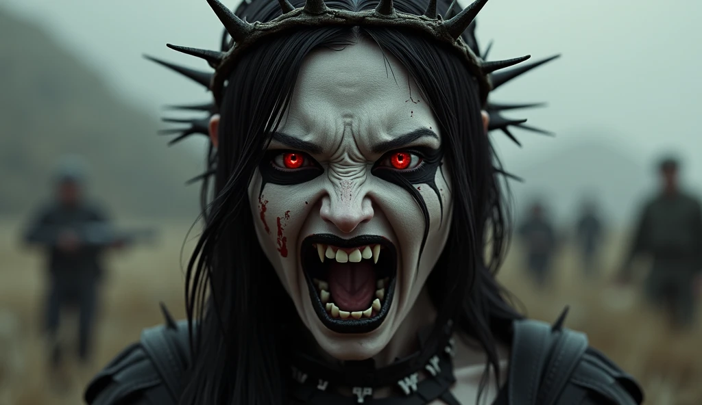 not emotional and cold Undead queen, spiked crown of hellfire, glowing red eyes, hyper-realistic, by Brom: Ultra-detailed of a corpse-pale queen. Elaborate crown of blackened metal spikes, each tip flickering with hellfire. Eyes blaze with intense red light, pupils like dying stars. Skin texture meticulously rendered, showing decay and otherworldly preservation. Dark, tattered royal garments with intricate, shadowy patterns. Background of smoldering brimstone and distant, tortured souls. Brom's signature style of gothic horror mixed with dark fantasy elements.(intricate details, hyperdetailed:1.15) (skin texture:1.2), cinematic, professional, 4k, (((dynamic model pose))), sitting, full body, mesmerizing, dynamic, dramatic, dynamic pose, highly detailed skin with hair, subcutaneous veins, light and shadow play, highly detailed,24mm photograph, bokeh, professional, 4k,
