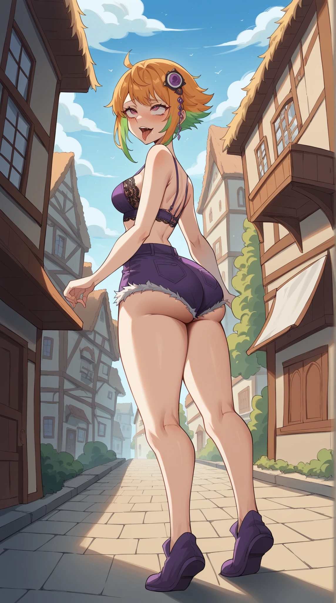 1girl, solo, breasts, looking at viewer, full body, outdoors, smile, short hair, bangs, blonde hair, completely nude, small breasts, navel, nipples, pussy, cleavage, jewelry, green eyes, thighs, multicolored hair, midriff, dark skin, blunt bangs, necklace, mole, dark-skinned female, hand on hip, thick thighs, curvy, wide hips, freckles, sneakers, knee socks, skateboard