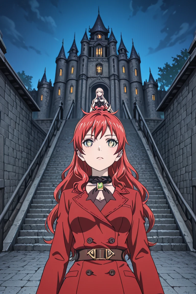 high score, masterpiece, Highest Quality, high image quality, detailed background, very delicate and beautiful, Smooth Hair, two girls, Path of the Beast, A story about an office worker who went to another world and became the Four Heavenly Kings, (Hanako and Ullmander let out flames from their mouths), Castle Tenbe, night