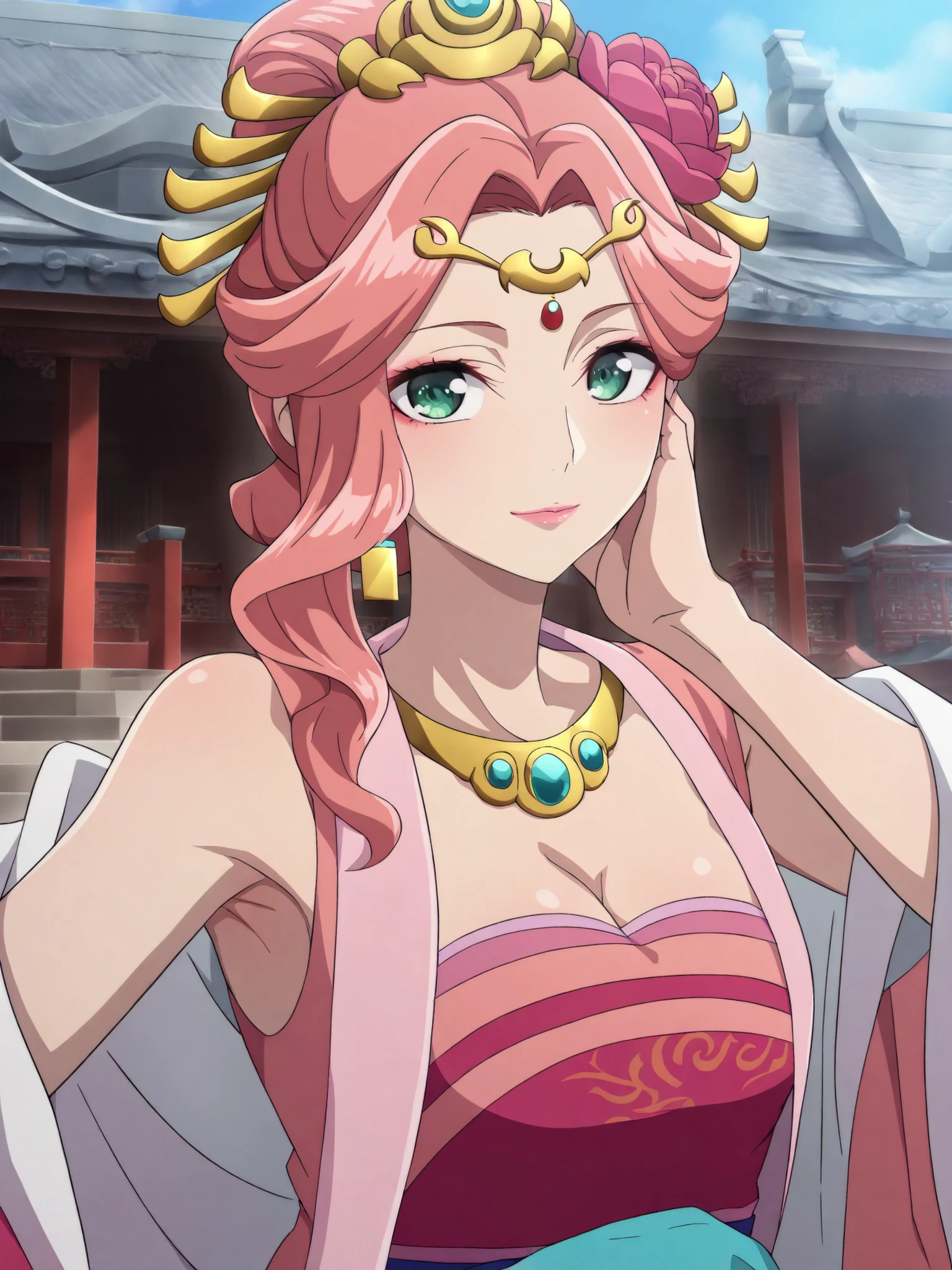 sleeveless,armpits,cleavage,masterpiece, best quality, great quality, Very aesthetic, intricate details, very detailed background, 1 girl, solo,
KJogyokuYou , pink hair from 2nd floor, green eyes, half up, Hair Flower, hair ornament, single side lock, pink lips, hair bun,earrings, necklace, pink hanfu , light blue sash ,Put Your Hands on Your Face, deep, light smile, , watch viewers,
palace, East Asian Architecture, Outdoors, day, (beautiful, medium breasts:1.2), mature women who are rebellious to me,