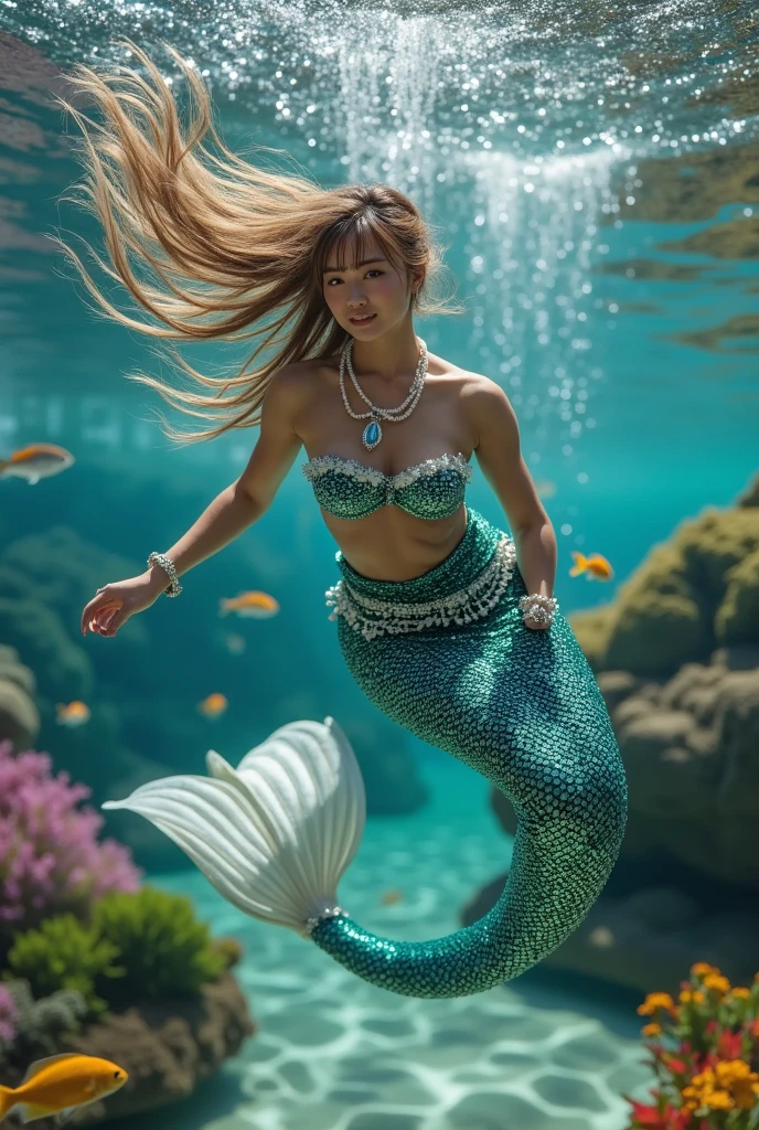 A sexy young 13-yr old Australian charming girl Full body detailed anatomy, perfect face details,((brown skin tone texture)) (( wearing illuminating a shark head band))(( wearing transparent illuminating shark mermaid costume sexy full body detailed anatomy )), wearing illuminating transparent twovpiece shark details on skin, wearing scally shark like skin texture body, lifting up plump pussy , wavy short illuminating gold & gemstone hairstyles from the flow water, ((having shark fin tails instead of toes))( shark fins ears))(shark skin arms, torso, bottom, face, neck, shoulder & legs))((showing face near camera)) (accurate details of hands & fingers)) Exposed hard big errect nipples, open legs squat position, exposed pussy line, exposed panties, exposed pussyline, smiling with teeth exposed. Sparkling gray eyes, charms, face details & fucos skin texture colored white, swimming under the atmosphere ocean wave and air bubles different lighting effects around the background, showing corals, urchins, fish, turtle, whale, bubbles of air for accurate background masterpiece ((with illuminating transparent crystal gemstone shark like scales skin textured all over her body)) ((with gills))((holding a treasure trident)) full details of accessories and props))swimming with ocean current waves under the sea,( many different perspective view character profile, front view, side view, rear view, of same face & clothing girls posing deferent angle))(( perfect details of mermaid body and tail fin anantomy))