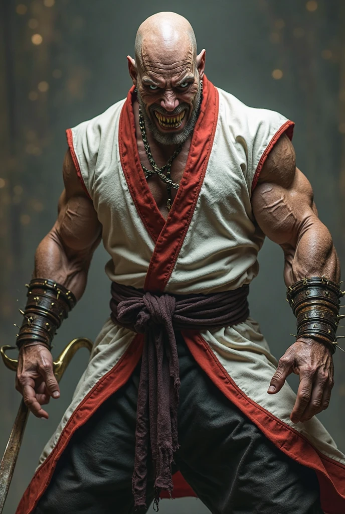 actor ((Jason Statham)) as Baraka from Mortal Kombat, (bald head), ((arm braces:1.2)), ((big sharp teeth and claws:1.3)), (pointed ears:0.9), wearing (white clergy vest), black trousers and boots, unsettling and intimidating appearance, intricate, high detail, sharp focus, dramatic, photorealistic painting art by greg rutkowski