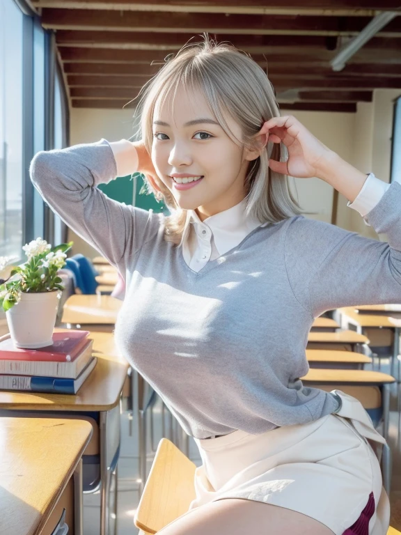 Short sleeve,Classroom,masterpiece, Best Quality,8K,4k,Natural blonde short hair,japanese beatiful high school girl,very nice lady,smile,teethdynamic composition,Big breasts,one girl