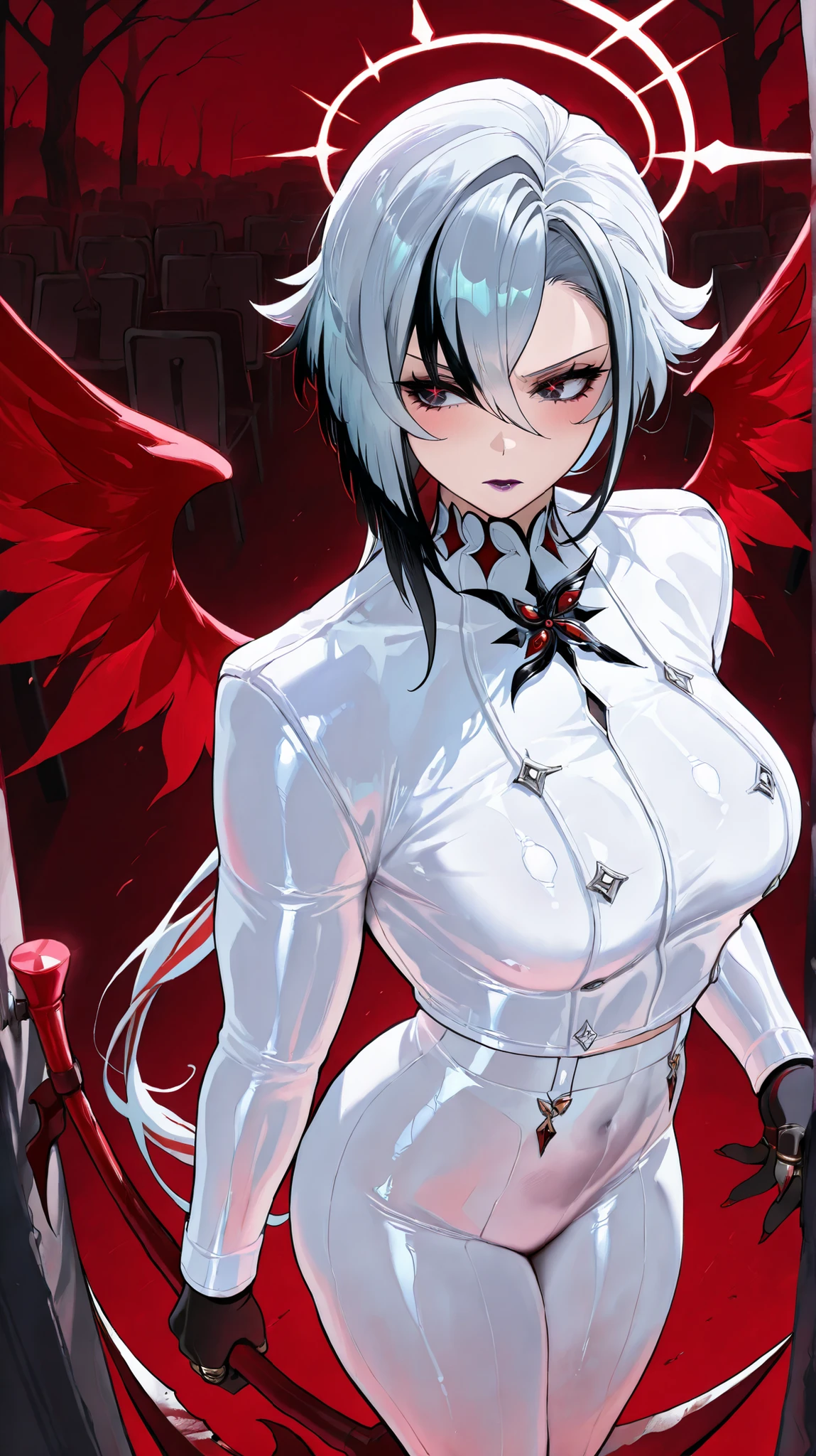 masterpiece, best quality, amazing quality, very aesthetic, Abdominal musclesurdres, high-contrast colors, High color gamut,glare,newest,2.5D,Volumetric Lighting,
(Top view,) Hook of Holland,
1 Girl, medium sized breasts, Bracket ,sparkling eyes,Abdominal muscles,strong, strong的身体, (angelic red wings made of blood:1.1), bloody scythe in the hand,Smooth Skin, (white skinny latex coat:1.3),white glowing aura, white pantyhose, Bracket , looking at the audience, insidious smile , blush, dark forest ,dark scary trees in the background,red background,
arlecchino Genshin Impact, White hair, colorful hair,
, dark purple lips, Dark Makeup,High quality cosmetics, beautiful makeup,(black forearms and hands with five fingers and claws:1.1),Aleria,