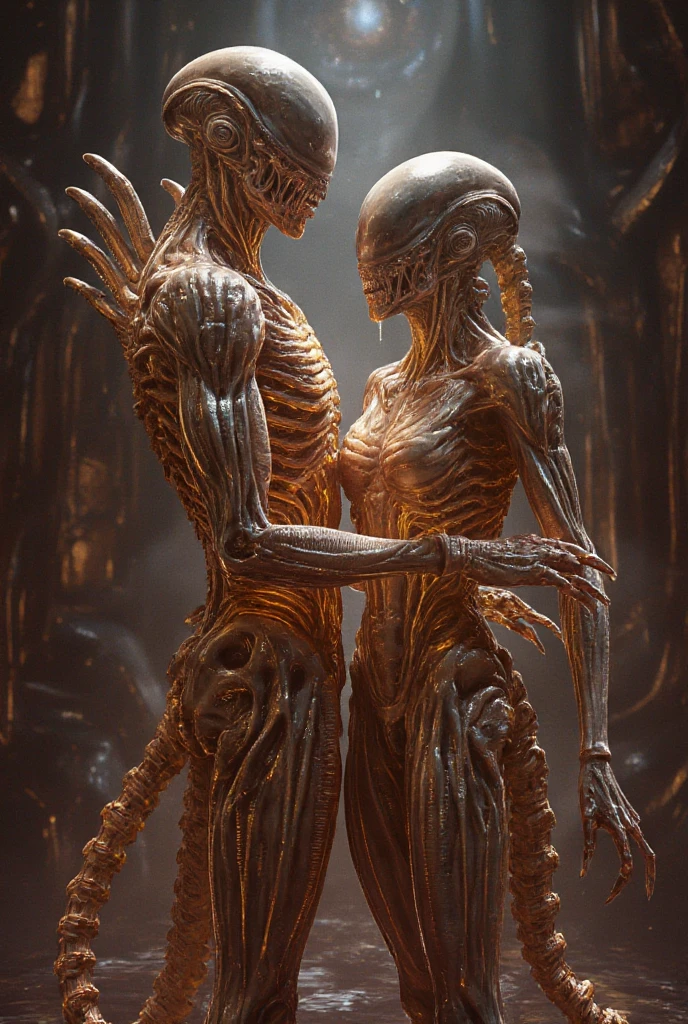 Future Earth. Mutated man and woman in the style of Hans Giger. Cinematic lighting. perfect body anatomy, beautiful expressive look, artstation, character concept art, 8K --ar 2:3 --uplight