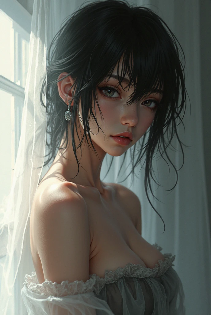 (best quality, masterpiece:1.2, ultra high res, high detail, realistic, photorealistic:1.4), raw photo, 1girl, (naked girl:1.2), nude girl, in the dark, mysterious atmosphere, deep shadows, low key lighting, cold tones, detailed skin, (pale white skin:1.2) expressive eyes, red eyes, luscious lips, (dark black lips:1.2), lowing hair, black hair:1.2, ethereal beauty, subtle highlights, moody ambiance, soft and diffused lighting, captivating gaze, delicate features, graceful pose, enchanting darkness, dramatic contrast, mesmerizing shadows, cinematic composition, evoking emotion, hauntingly beautiful, intricate details, fine art aesthetic, view from above:1.2, wide-angle lens distortion