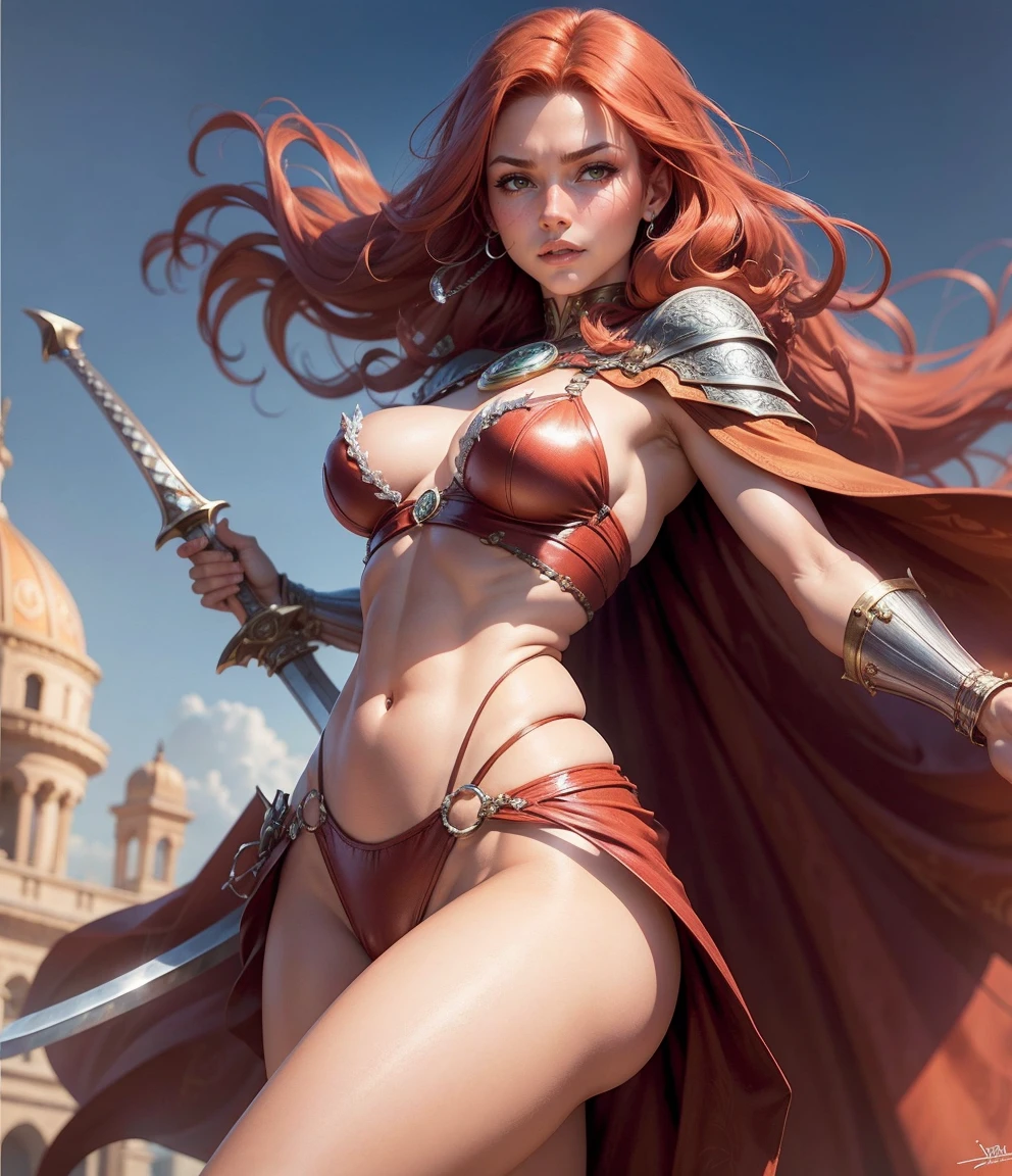 ((Best Quality, 8K, Masterpiece: 1.3)), Sharp: 1.2, Perfect Body Beauty: 1.4,cute girl,fantasy,Warrior Cosplay,Exposed bikini Armor,smile,thigh,bare navel,full body shot,fishnet stocking,full body shot