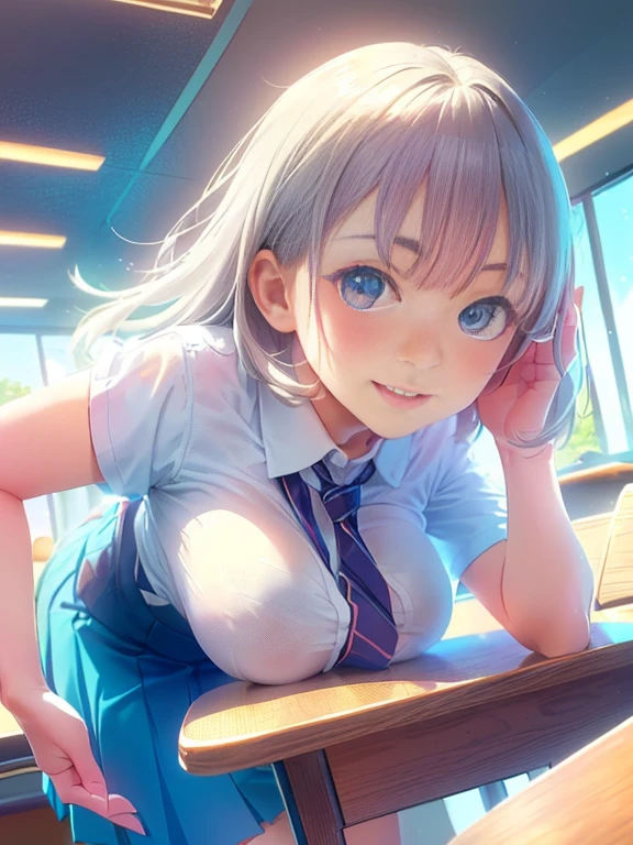 highest quality、High resolution、(((Female students sexually abuse teachers))), ((The girl is riding on the man's back))、(((girl’s left foot on penis))), (((1boy))), (A man is ejaculating on all fours)、(((penis))), ((cum)), (Boys are naked), (A girl is grabbing a guy's penis)、((1 girl)), Young face, ((masterpiece)), disorganized, aqua eye, (blonde), ponytail、beautiful white skin、, white ribbon, white sailor suit、Clothes shredded to shreds、nipples, white pleated skirt, thighs, No sleeve, Attractive ass、((barefoot))、(loafers)、((charming))、Open your mouth、((evil smile))、perfect proportions、(She looks down on the man)、((A man in distress)), ((female dominance))、((Sitting on a man))、((((Top view))))、Sweat:1.3、((school girl)), raise your left knee、(((handjob)))、In the background is a school classroom、(She grabs his penis),