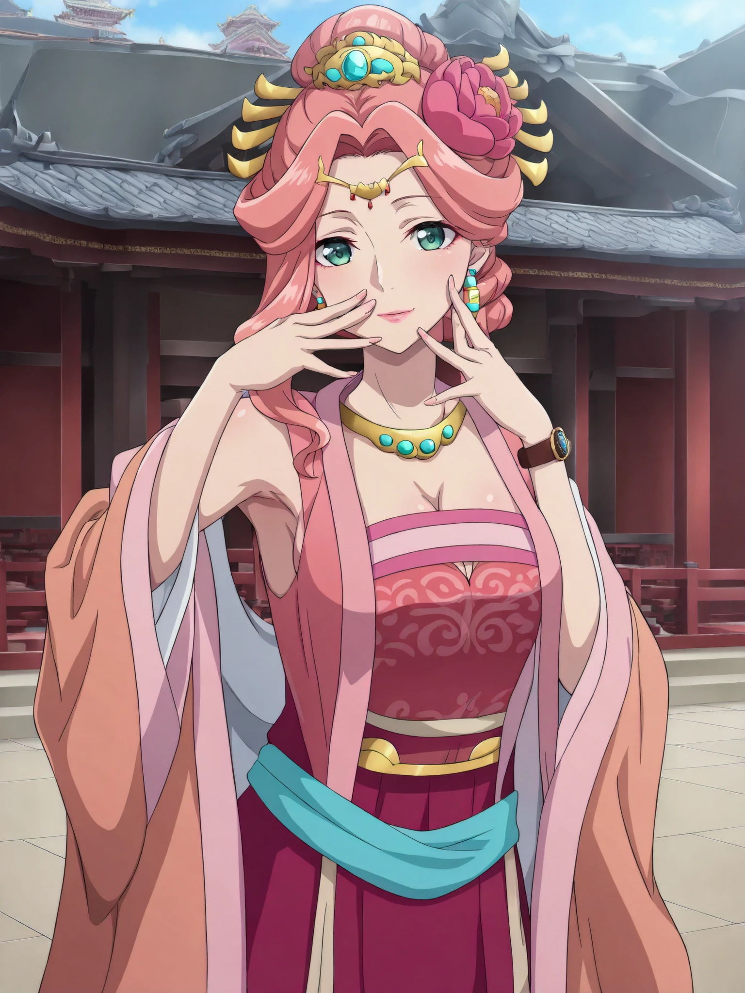 sleeveless,armpits,cleavage,masterpiece, best quality, great quality, Very aesthetic, intricate details, very detailed background, 1 girl, solo,
KJogyokuYou , pink hair from 2nd floor, green eyes, half up, Hair Flower, hair ornament, single side lock, pink lips, hair bun,earrings, necklace, pink hanfu , light blue sash ,Put Your Hands on Your Face, deep, light smile, , watch viewers,
palace, East Asian Architecture, Outdoors, day, (beautiful, medium breasts:1.2), mature women who are rebellious to me,