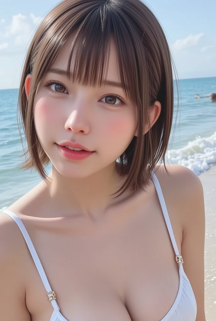 masutepiece, Best Quality, Illustration, Ultra-detailed, finely detail, hight resolution, 8K Wallpaper, Composition including perfect whole body, Beautiful detailed eyes, maikurobikini、 Random and cute hairstyles, large full breasts, Natural Color Lip,Beach, Random and cute poses,((A big smile)),((Moles on the chest and face:1.1))、((Show me the armpits、Raking hair for shortcuts))、((Turn around on all fours at the edge of the wave:1.2))、