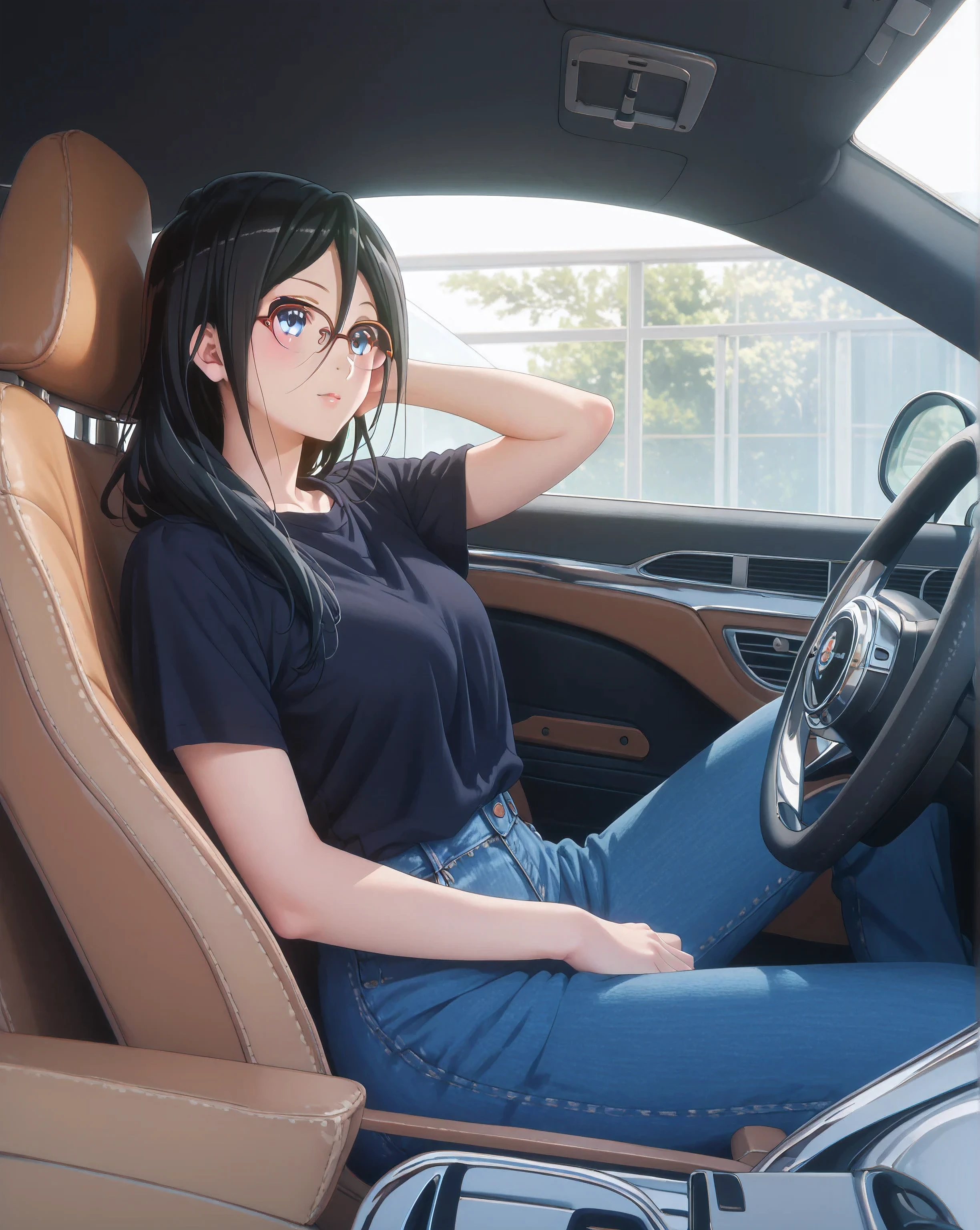 ((inspired by Asuka Tanaka:1.2)),(inspired by Kyoto Animation Style),(masterpiece, best quality),beautiful, beautiful-woman, ((detailed face)).(full body:1.3).,
((black hair)), glasses, blue eyes, long hair, over-rim eye-wear,cowboy shot, semi-rimless eye-wear, between eyes .(red-framed glasses:1.2),