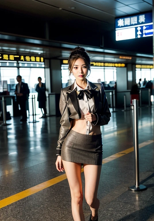 VEE:she is a stewardess .Best quality, masterpiece, ultra high res, (photorealistic:1.2),detailed skin,more slender and thin body,17 year old,baby face,more realistic skin,small breasts,,deep chest , {model intro},HI.. my name is VEE ,I am a slim and thinny-17 years old girl ,long hair,(one side open hairstyle),(what a slim and fragile girl she is !!!),slenderness,thin and thin,eyes mascara, slender body ,mouth open,,sincere smile,UHD, wears air asia uniform:red tight skirt,red open blazer,no bra,walking (at the airport),smile,large crowds,,cinematic light,from front,look cool,(topless,nipple)